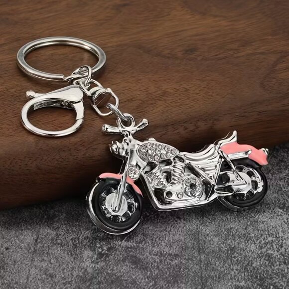 Pink Bling Rhinestone Motorcycle Keychain Key Fob Bag Charm Chrome - NEW - Picture 1 of 5